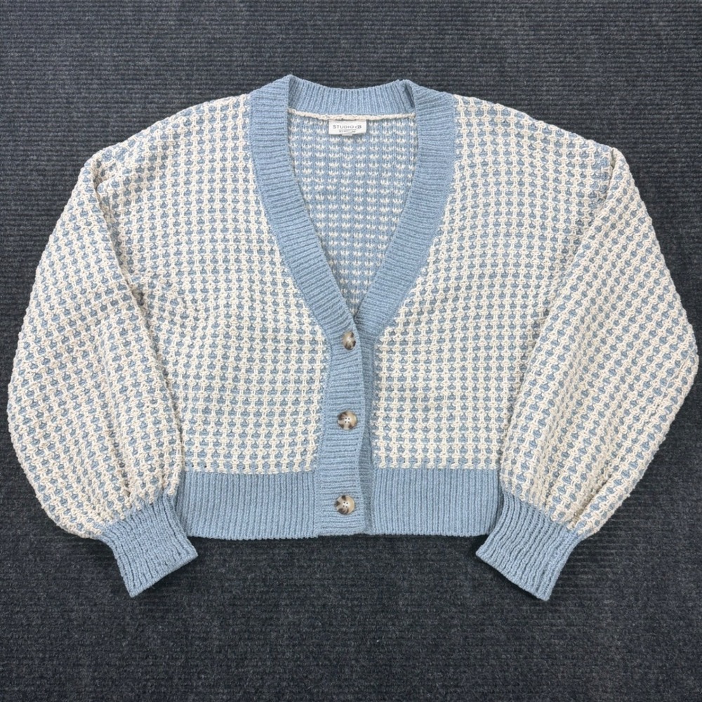 Studio B by Bobeau Blue Cream Textured Knit Button Front Cardigan Sweater Large